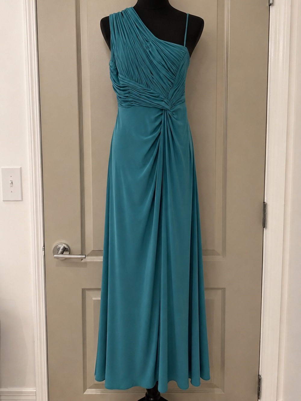 Rene Ruiz Teal One-Shoulder Evening Gown